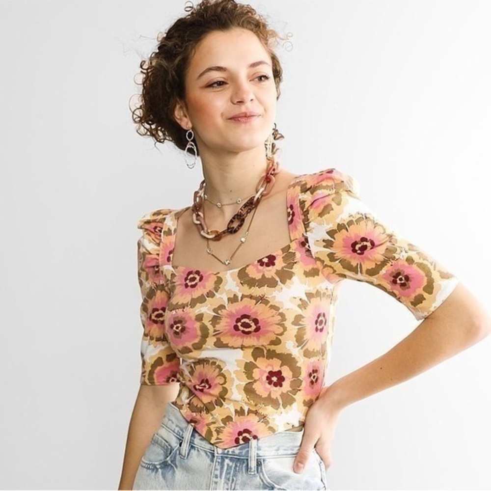 Free People Give Me More Floral Cropped Top Handkerchief Hem Blouse Sz.S